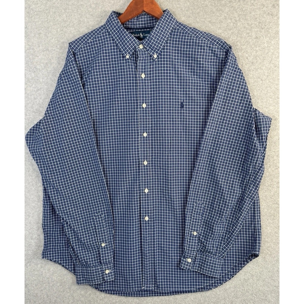 Ralph Lauren Classic Fit Button Down Shirt Blue Check Long Sleeve Cotton XXL VTG
